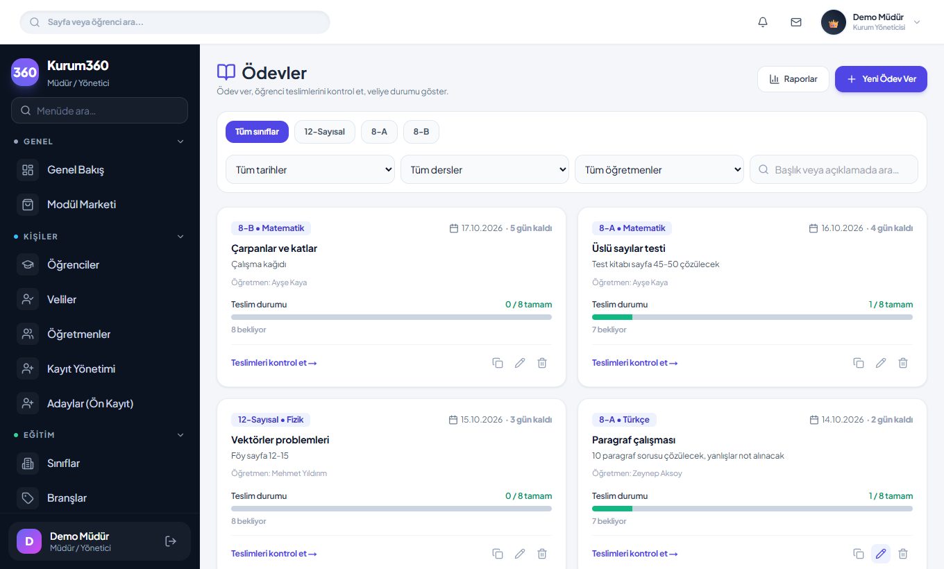 Kurum360 ödev takip ekranı