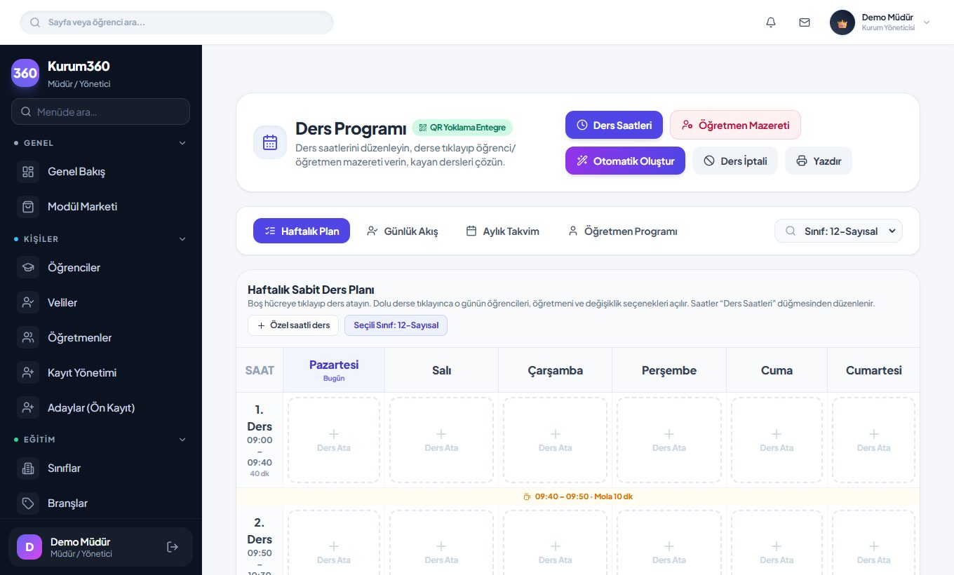 Kurum360 ders programı ekranı