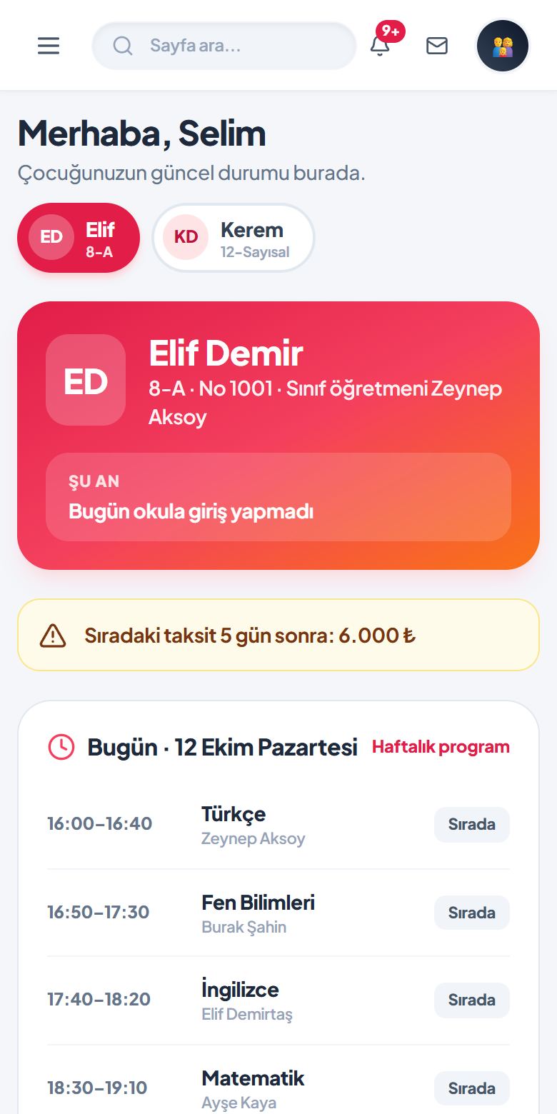 Kurum360 veli portalı telefon ekranı